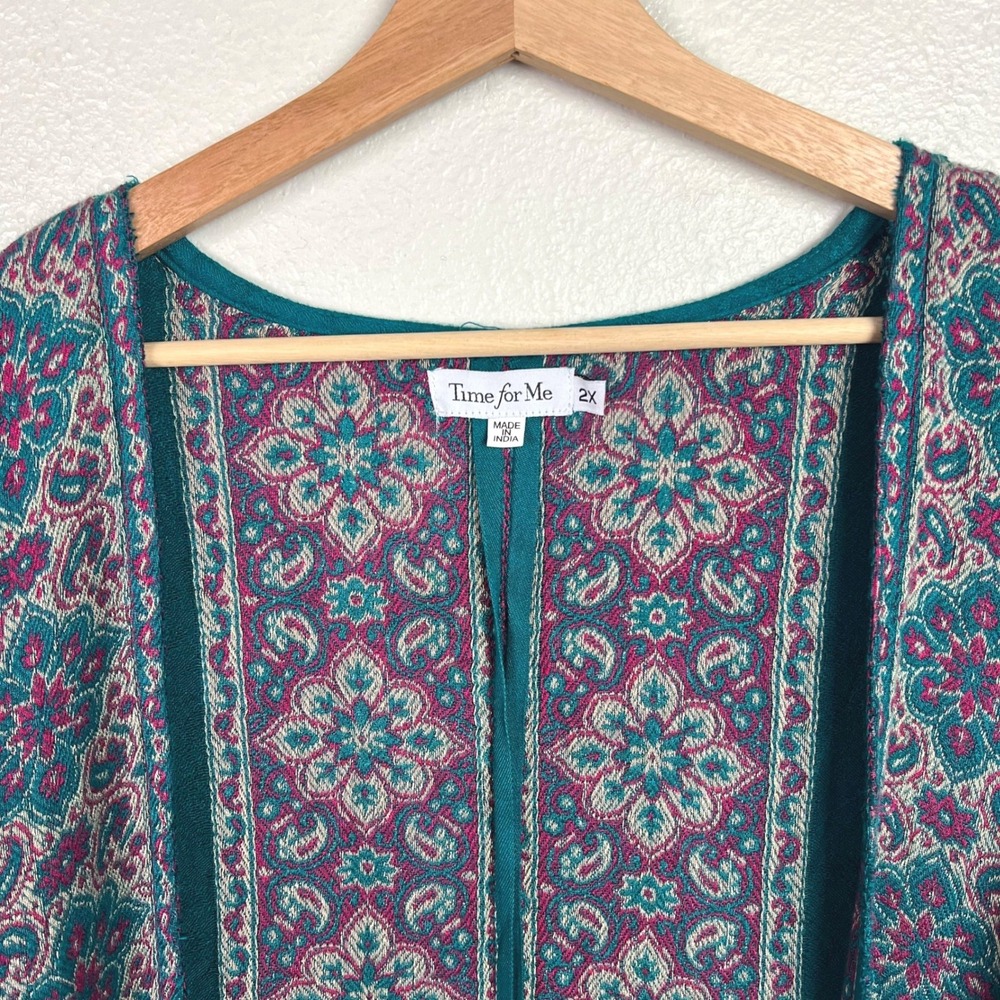 Time for Me Teal Paisley Floral Kimono Cardigan Viscose Womens 2X Boho Festival - Picture 3 of 13